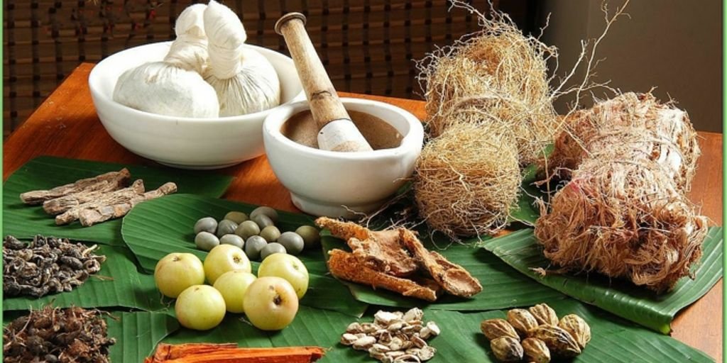 Ayurvedic medicine herbs and ancient texts with Indian background